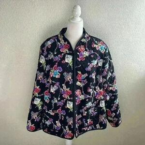 Vintage Quilted Black Jacket Coat Women’s 2X‎ Multicolor Pockets